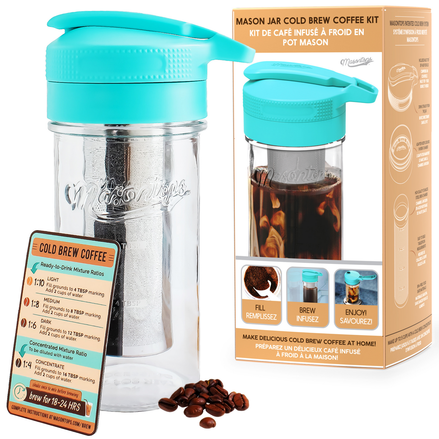 MASON JAR COLD BREW COFFEE KIT <BR>Jar, Lid, Seal-Safe Adapter, Brew Chamber & Guide <br>(5-Piece Kit)