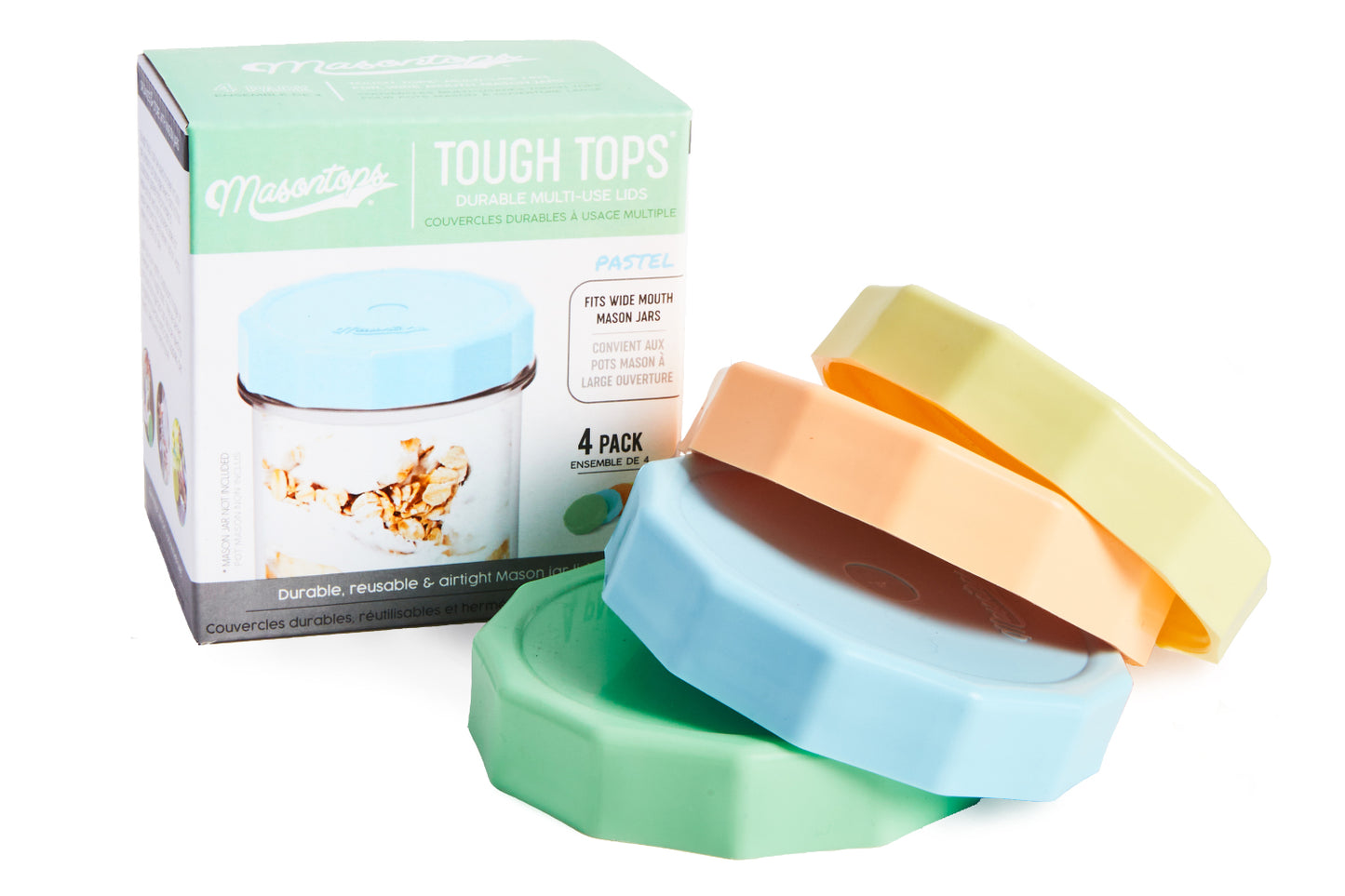 TOUGH TOPS, MULTI COLOR <BR>Reusable Mason Jar Lids <BR>(4-Pack)