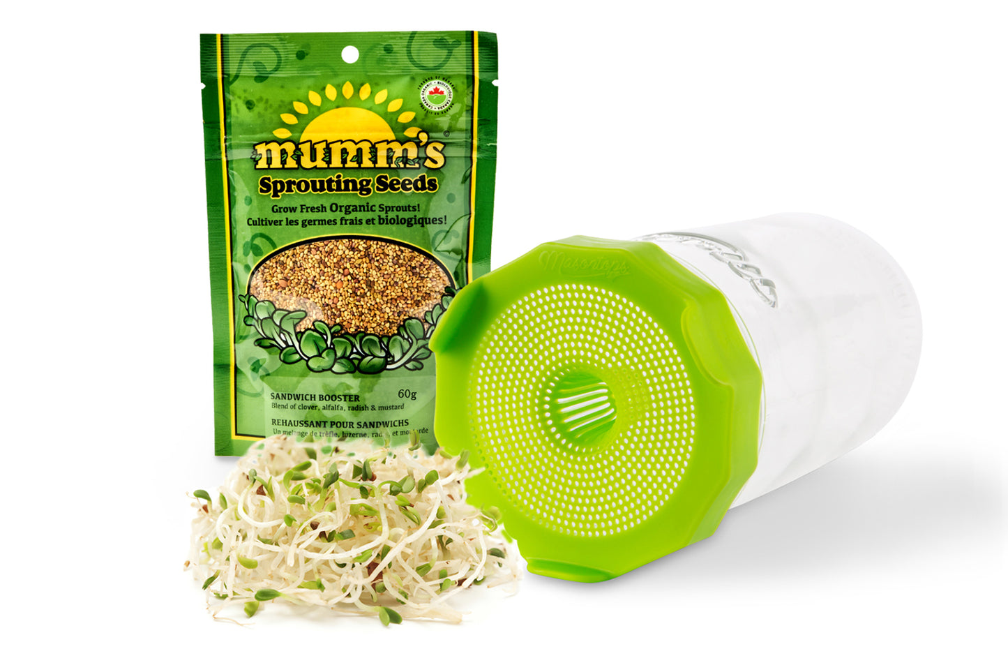 MASON JAR SPROUTING KIT <BR>Jar, Bean Screen & Sprouting Seeds<BR>(3-Piece Kit)
