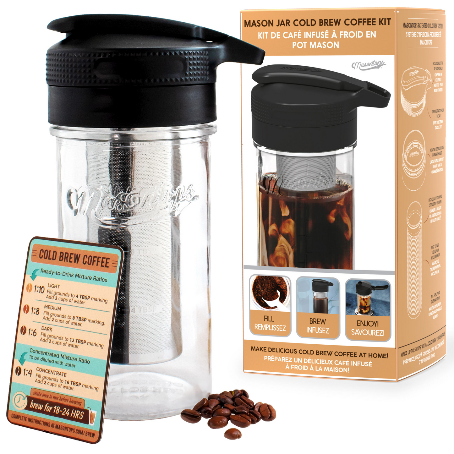 MASON JAR COLD BREW COFFEE KIT <BR>Jar, Lid, Seal-Safe Adapter, Brew Chamber & Guide <br>(5-Piece Kit)